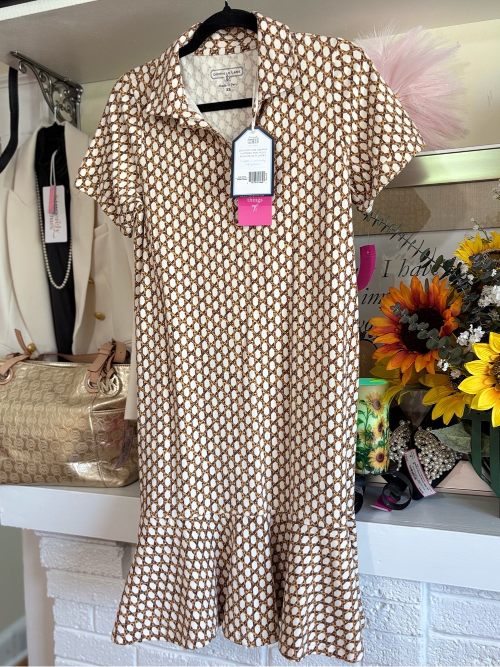 Duffield Lane Cream and Brown Geometric Short Sleeve Ruffle-Hem Dress